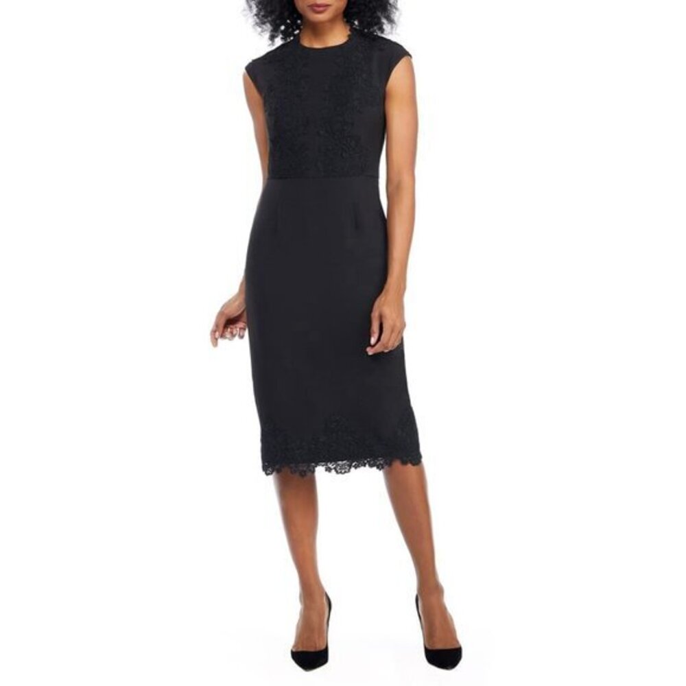 Maggy London Size 0P Womens Mystic Crepe & Lace Midi Sheath Dress In Black